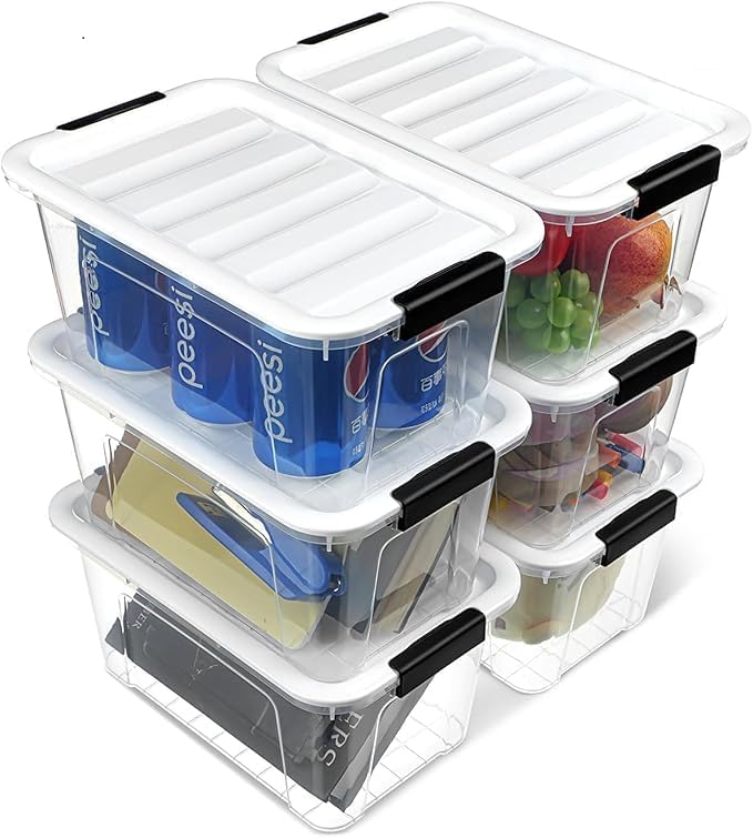Plastic Storage Bins with Lids 6 Pack, 7 Quart Storage Containers With Black Buckle Latch