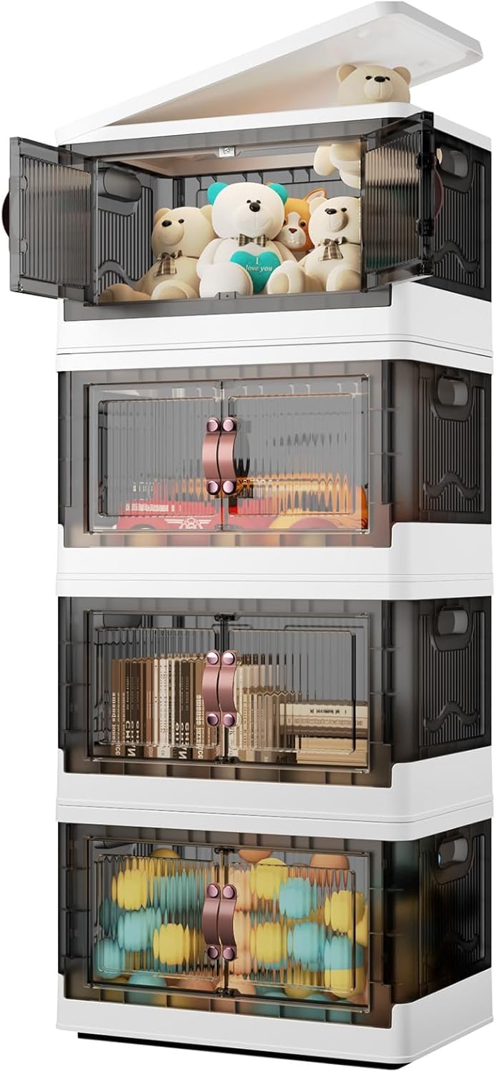 4 Tier Plastic Storage Bins with Lid 23QT, Stackable Storage Containers with Wheels