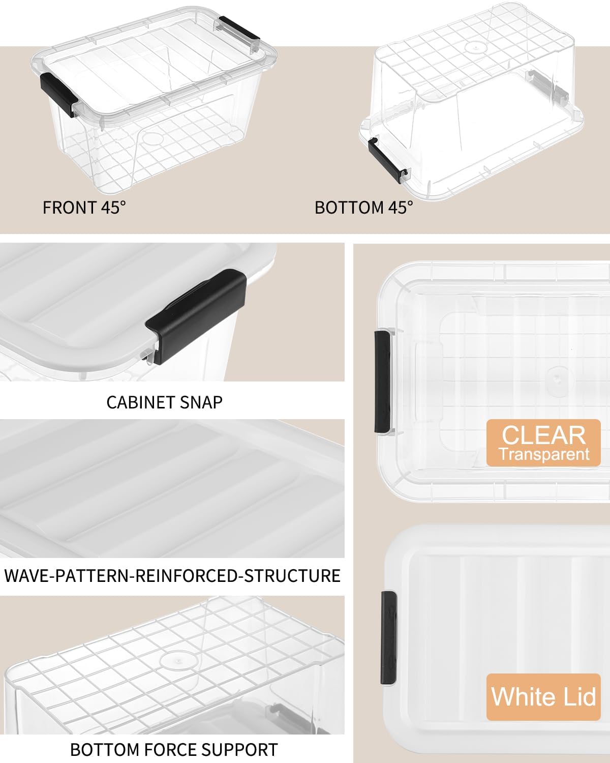 Plastic Storage Bins with Lids 6 Pack, 7 Quart Storage Containers With Black Buckle Latch