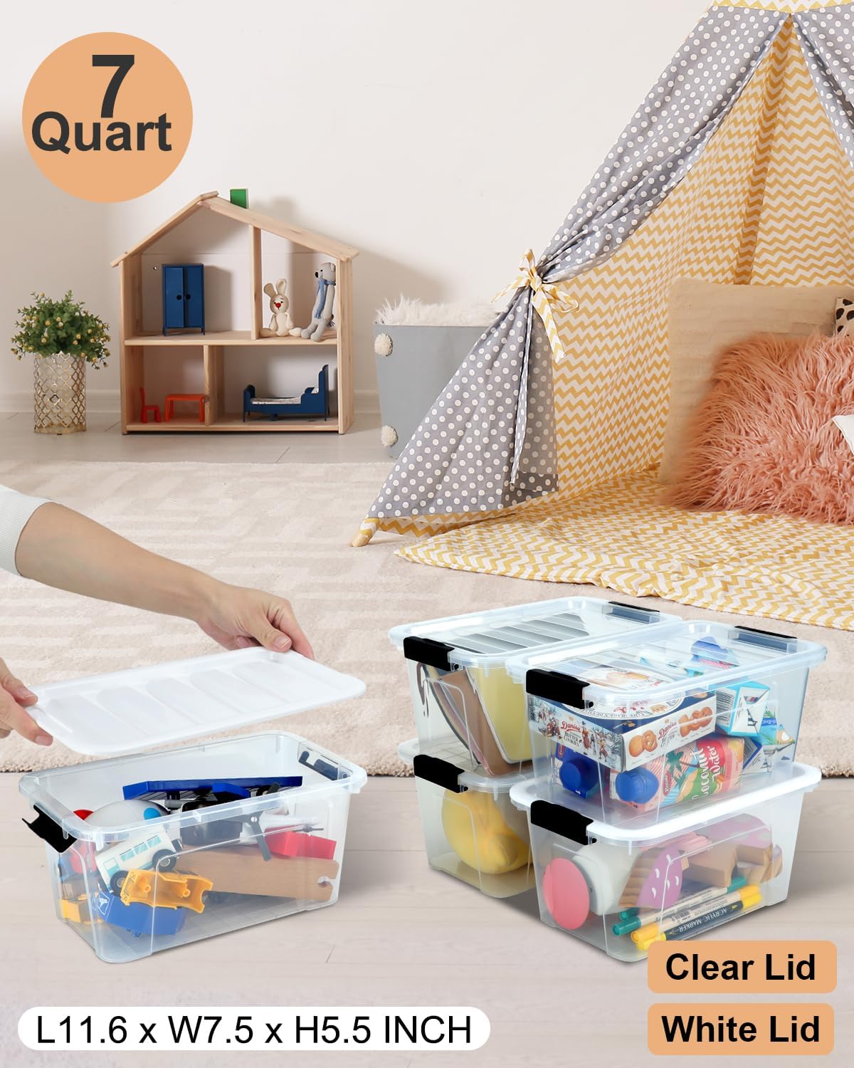 Plastic Storage Bins with Lids 6 Pack, 7 Quart Storage Containers With Black Buckle Latch