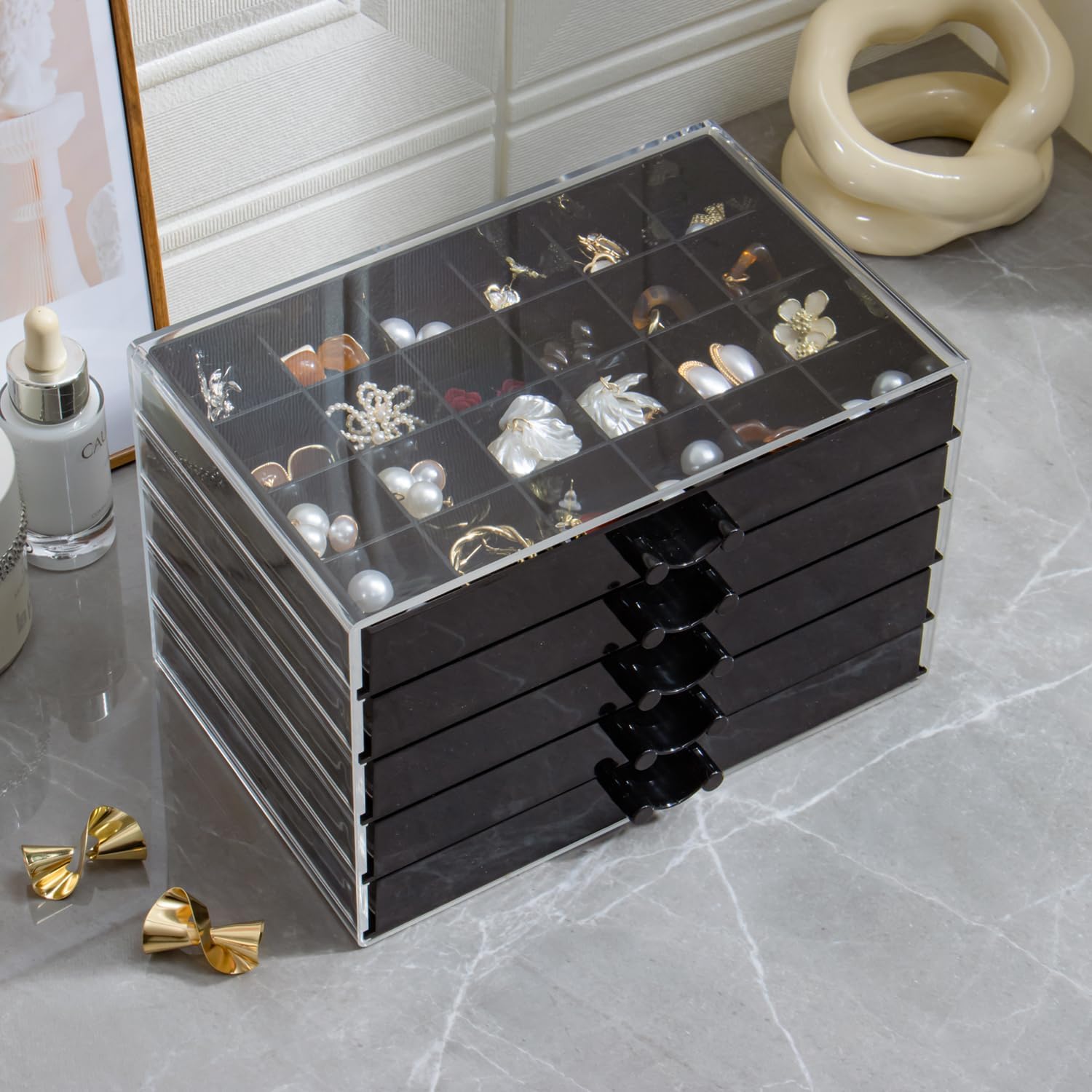 Earring Storage Box Organizer, Acrylic Jewelry Storage Box Holder 5 Drawers Transparent Jewelry Display Stand
