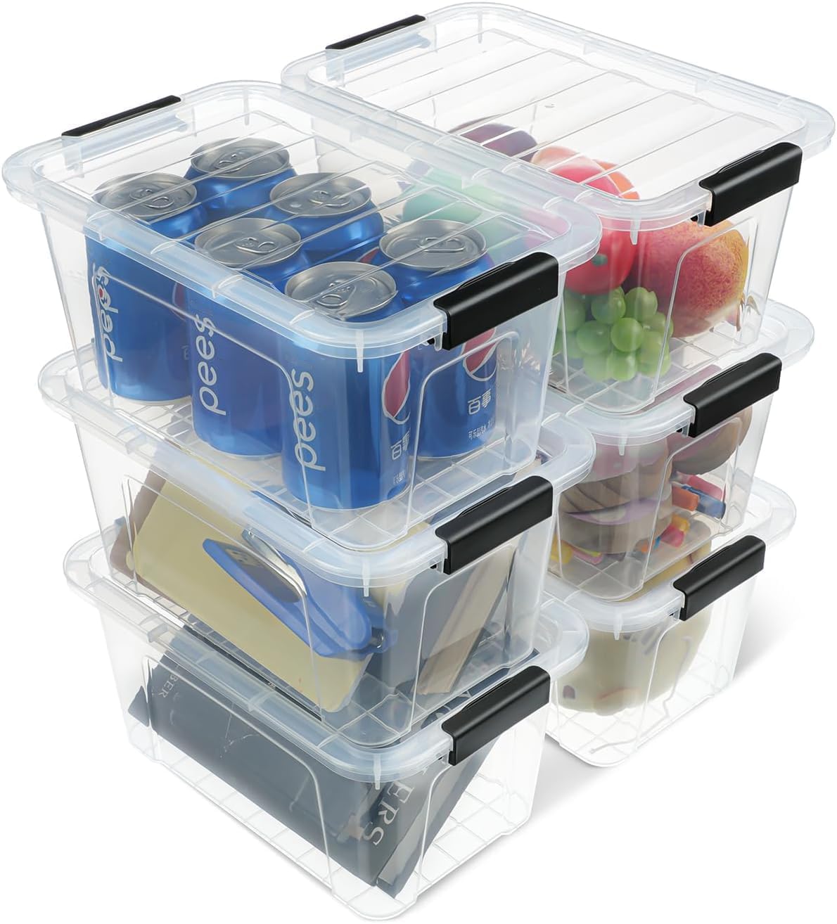 Plastic Storage Bins with Lids 6 Pack, 7 Quart Storage Containers With Black Buckle Latch