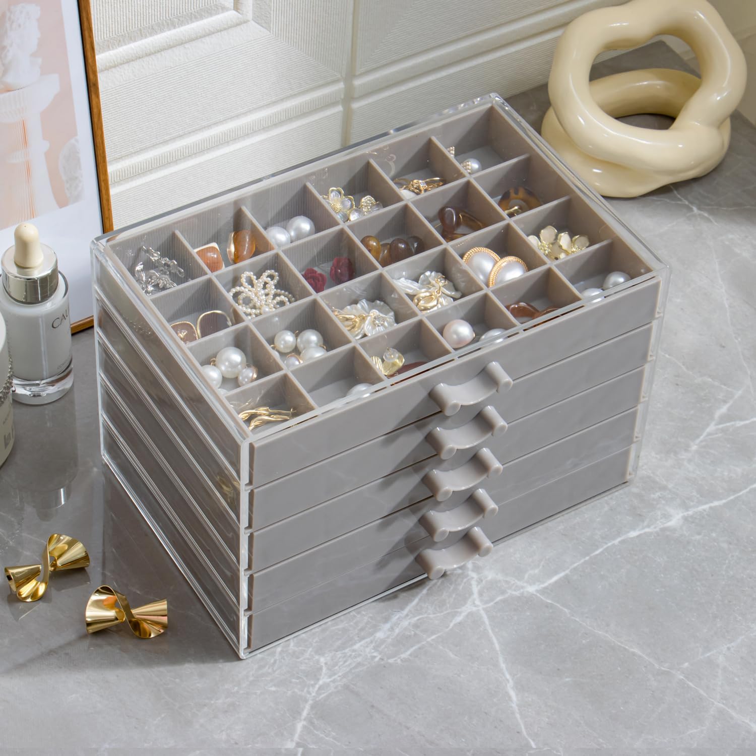 Earring Storage Box Organizer, Acrylic Jewelry Storage Box Holder 5 Drawers Transparent Jewelry Display Stand
