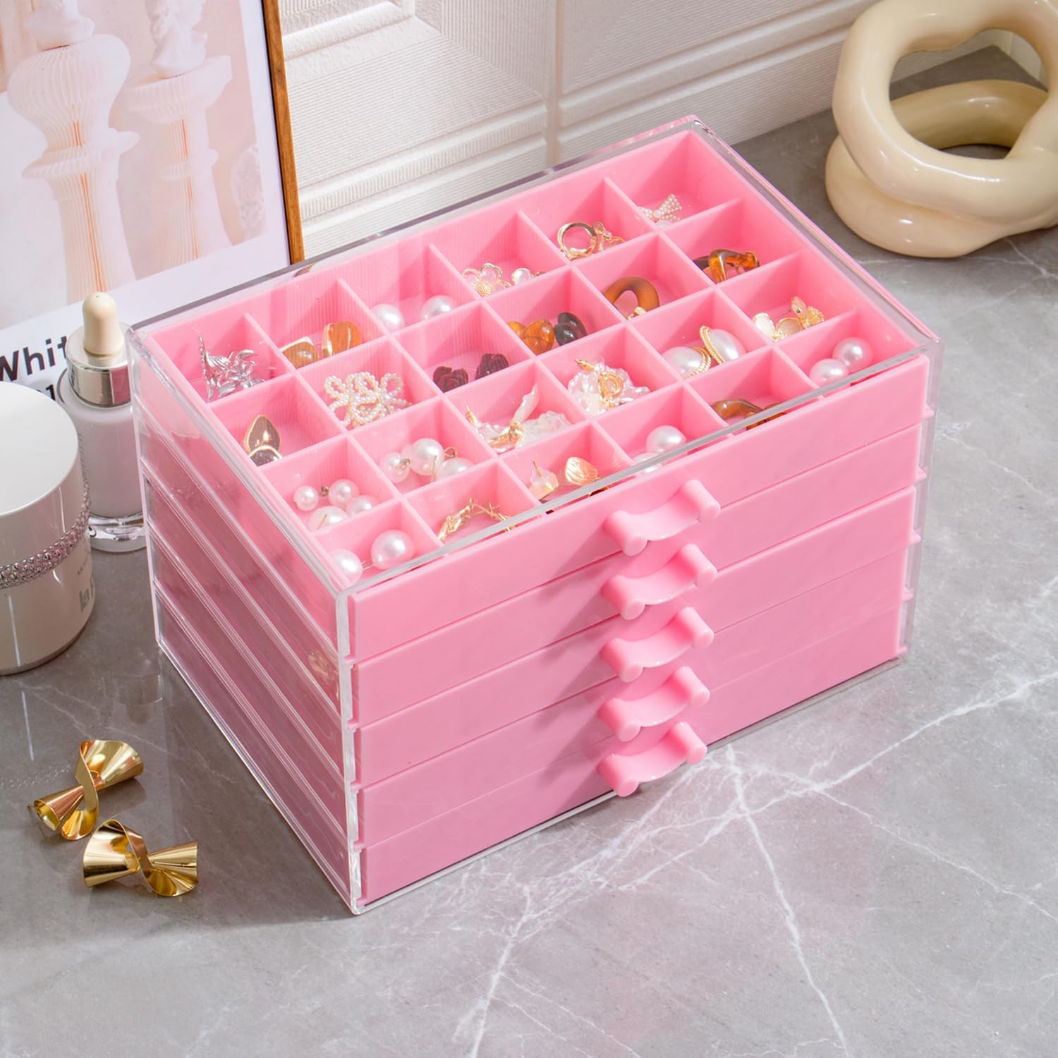 Earring Storage Box Organizer, Acrylic Jewelry Storage Box Holder 5 Drawers Transparent Jewelry Display Stand