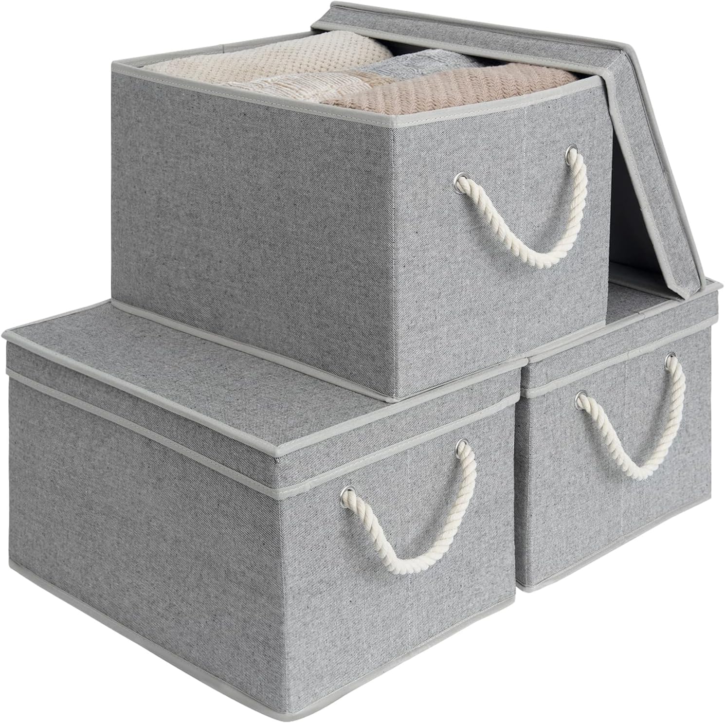 Lidded Large Storage Bins, Foldable Decorative Boxes, 3-Pack