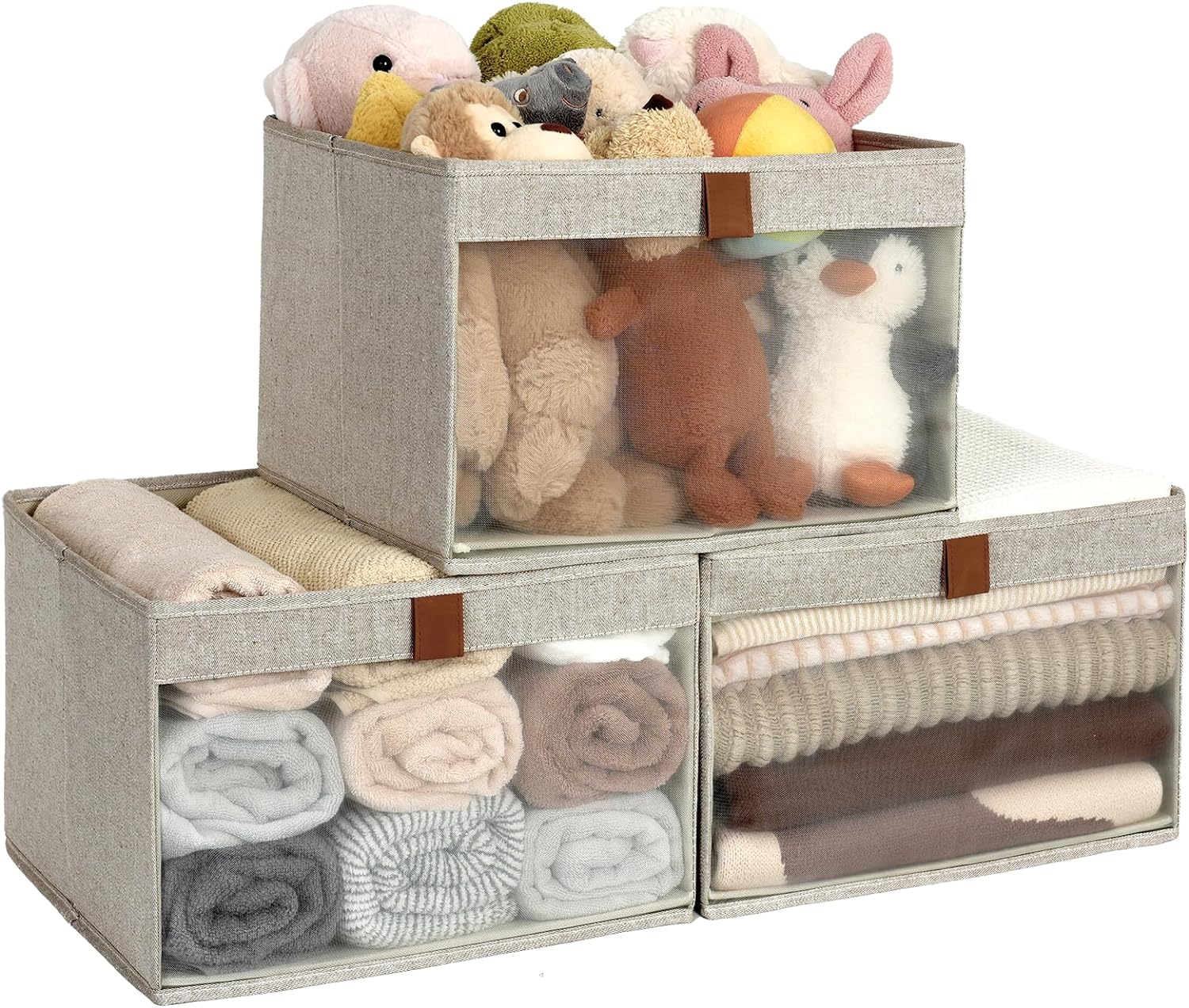 Closet Storage Bins with Clear Window and Handles, 3 Pack