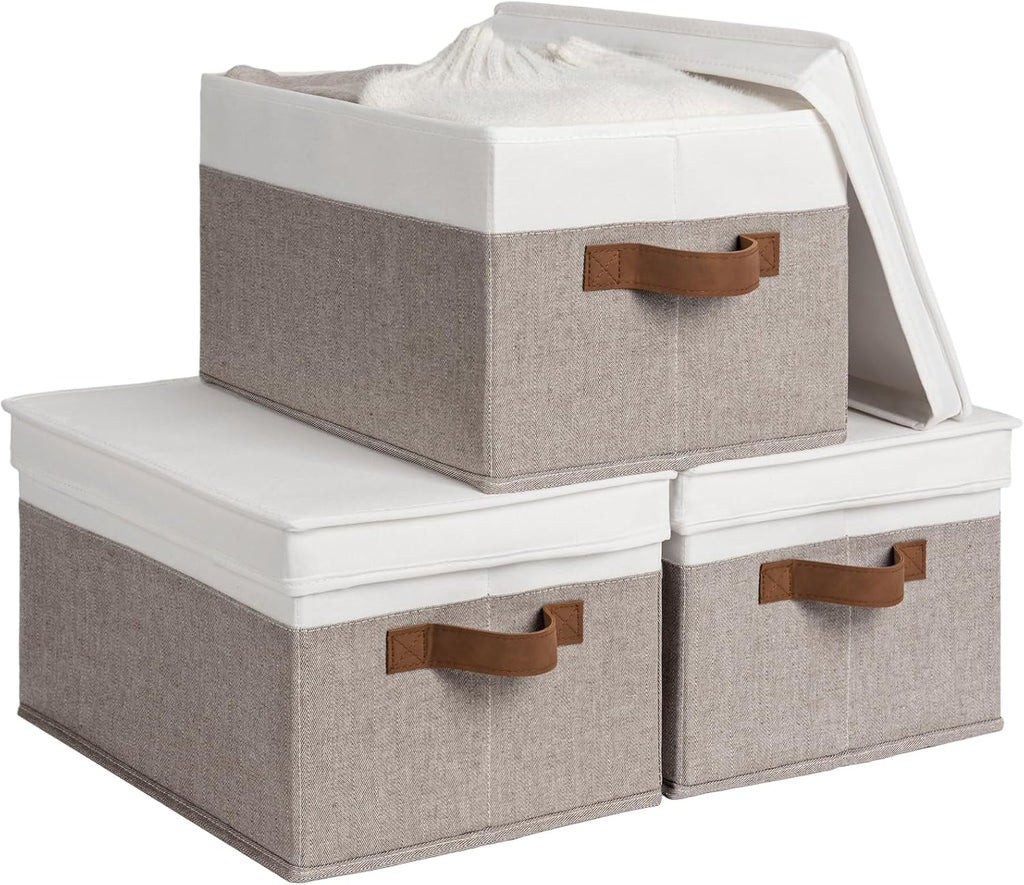 Lidded Large Storage Bins, Foldable Decorative Boxes, 3-Pack