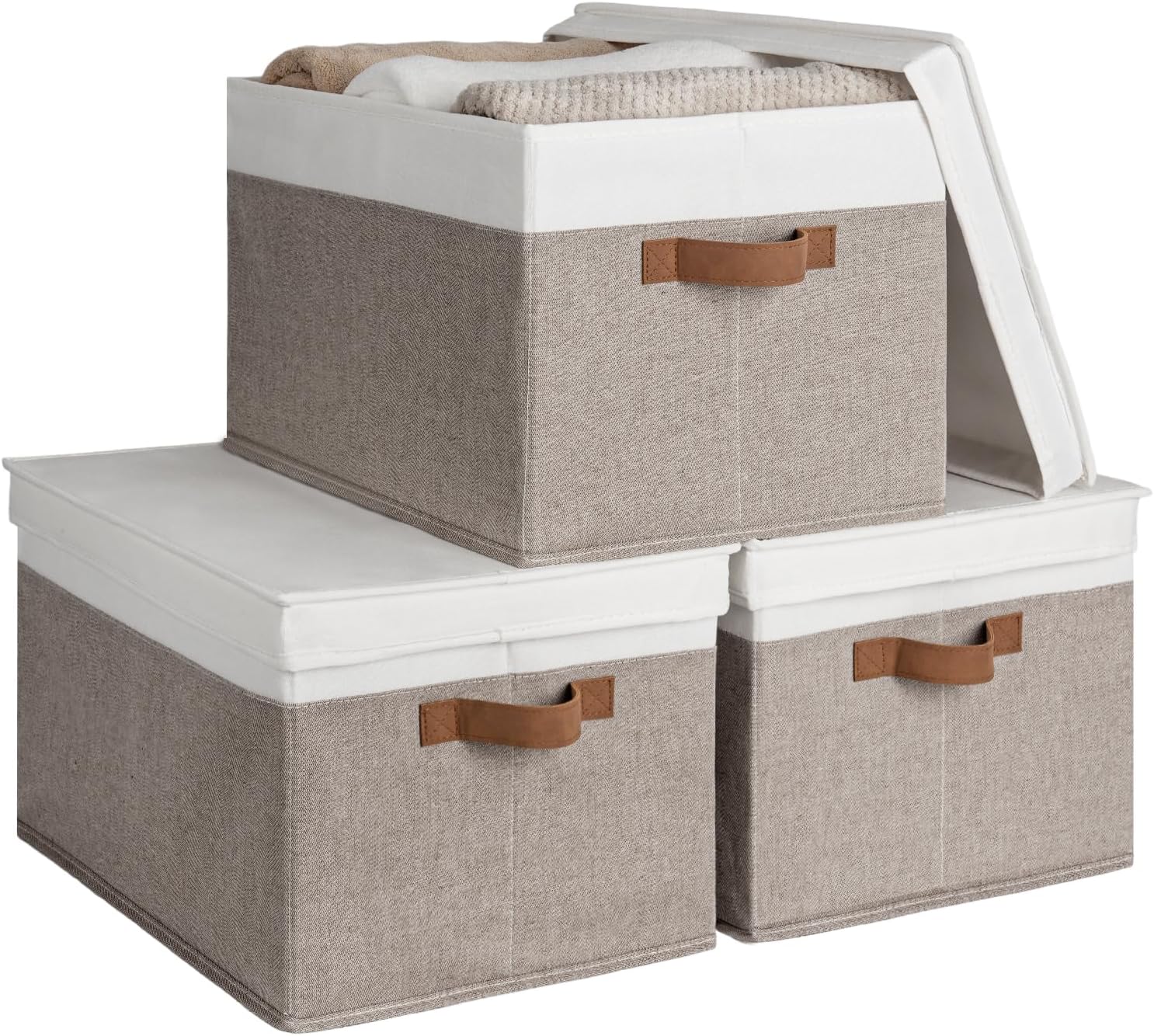 Lidded Large Storage Bins, Foldable Decorative Boxes, 3-Pack