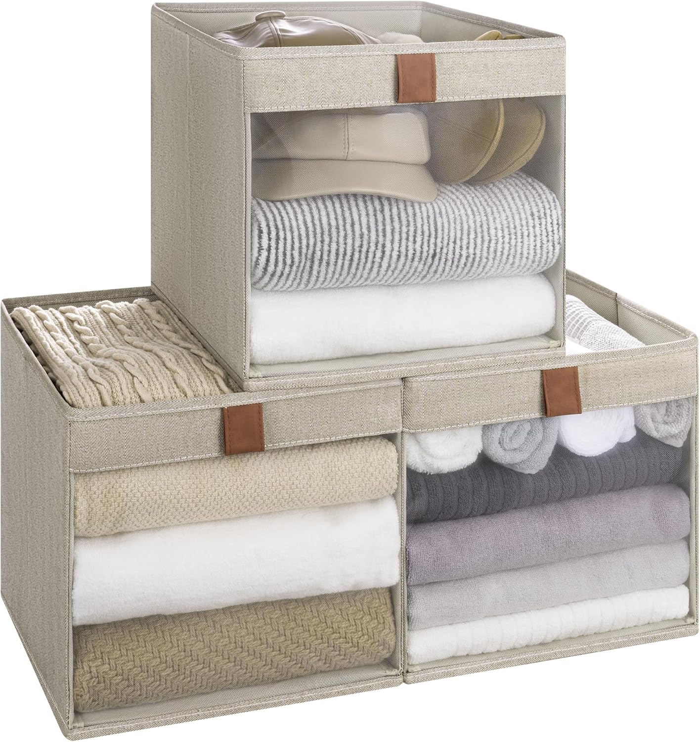 Closet Storage Bins with Clear Window and Handles, 3 Pack