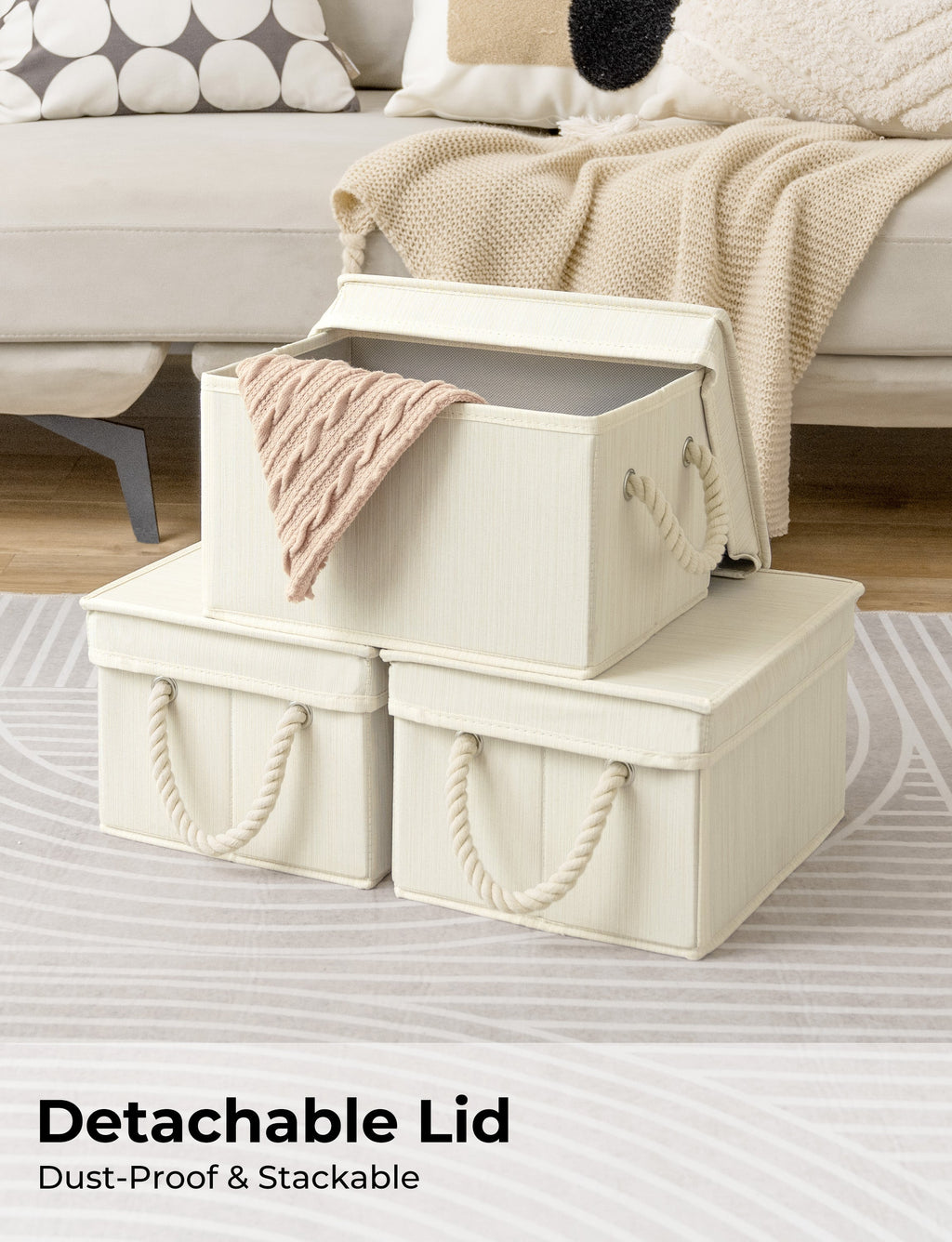 Lidded Large Storage Bins, Foldable Decorative Boxes, 3-Pack