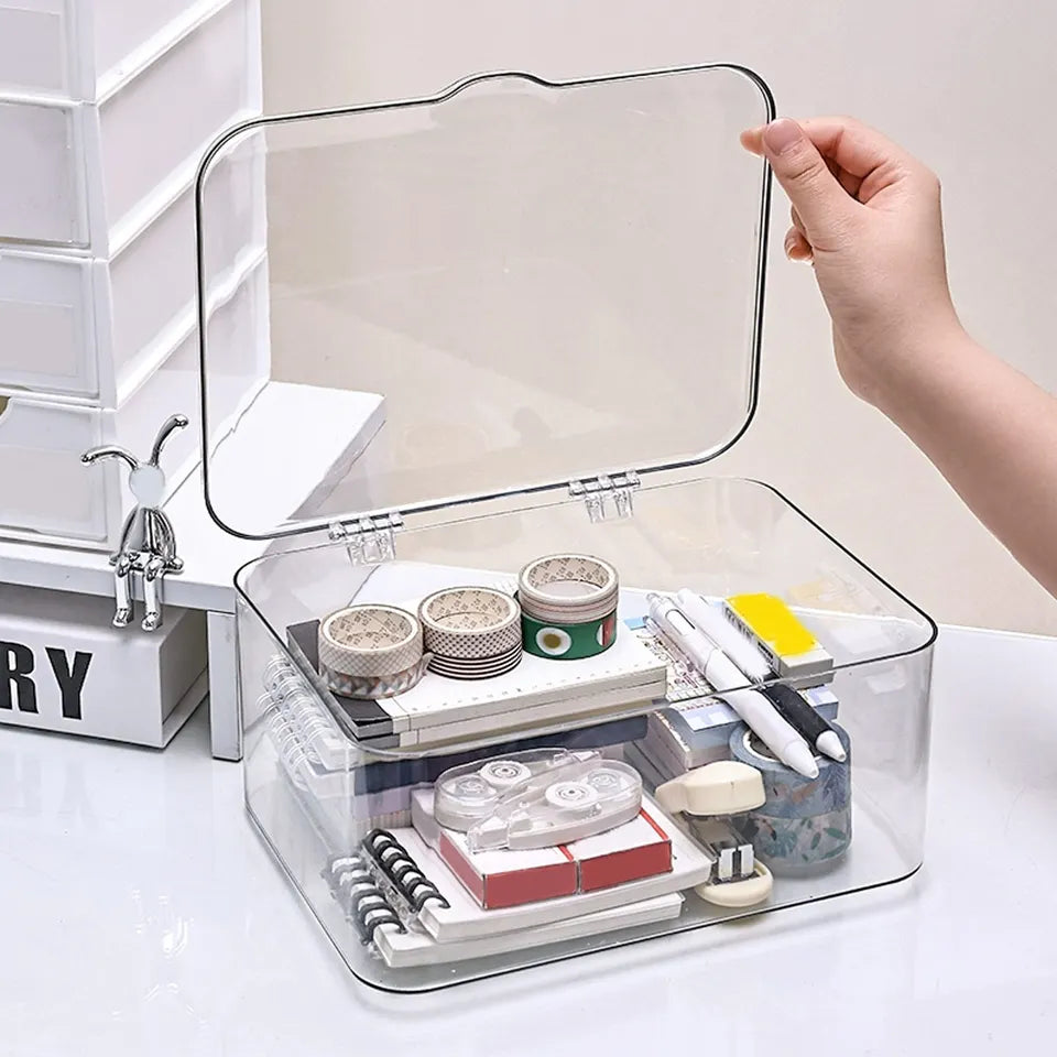 Plastic storage box, covered storage box, flip top desktop storage container, office supplies, stationery, cosmetics storage