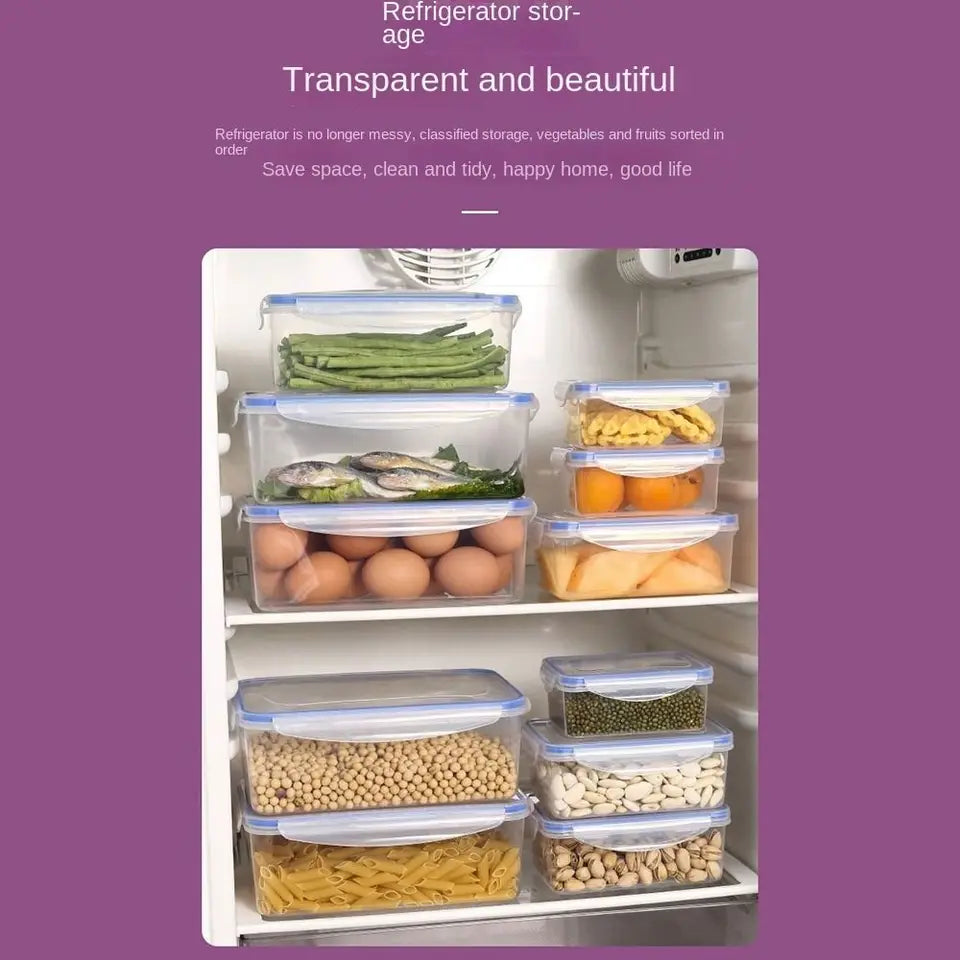 Sealed Rectangular Refrigerator Storage Box with Lid Plastic Trasparent Crisper Food Containers Stackable Microw