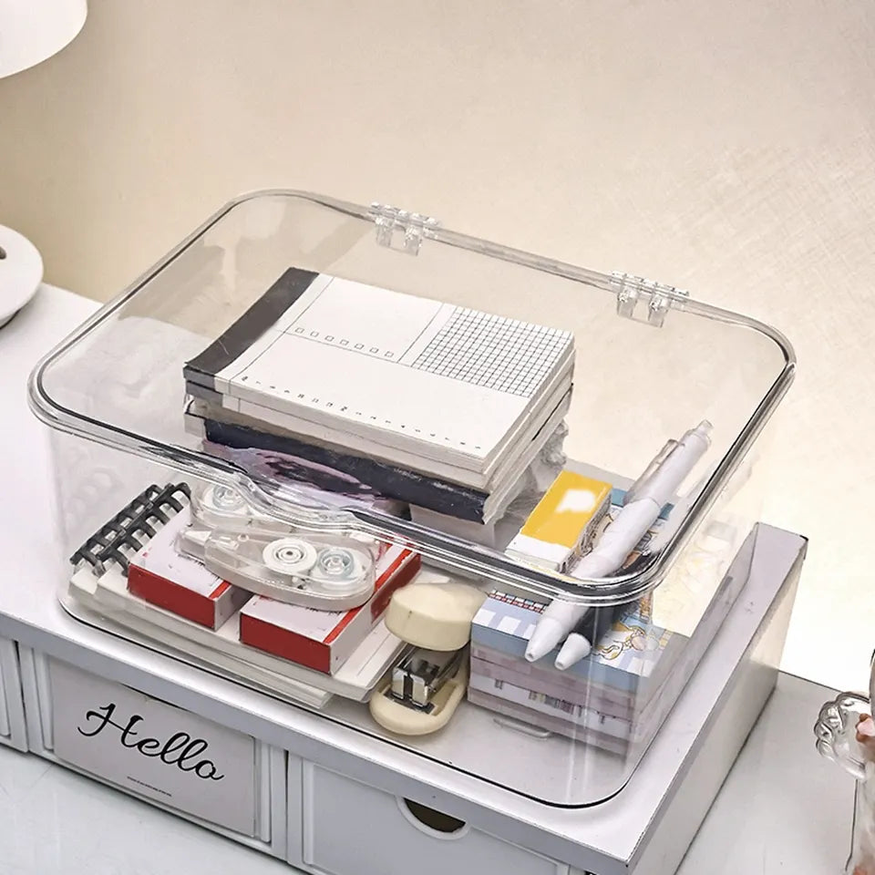 Plastic storage box, covered storage box, flip top desktop storage container, office supplies, stationery, cosmetics storage