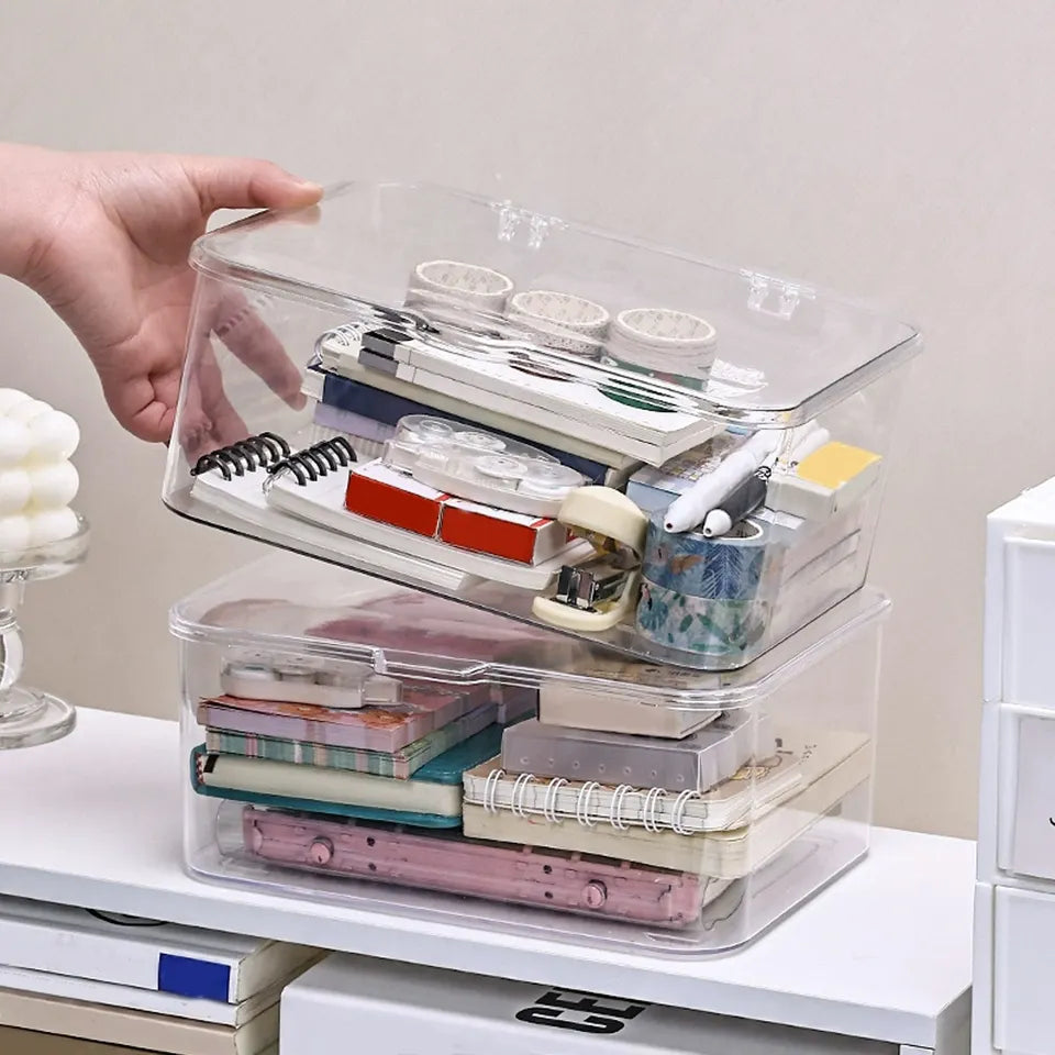 Plastic storage box, covered storage box, flip top desktop storage container, office supplies, stationery, cosmetics storage