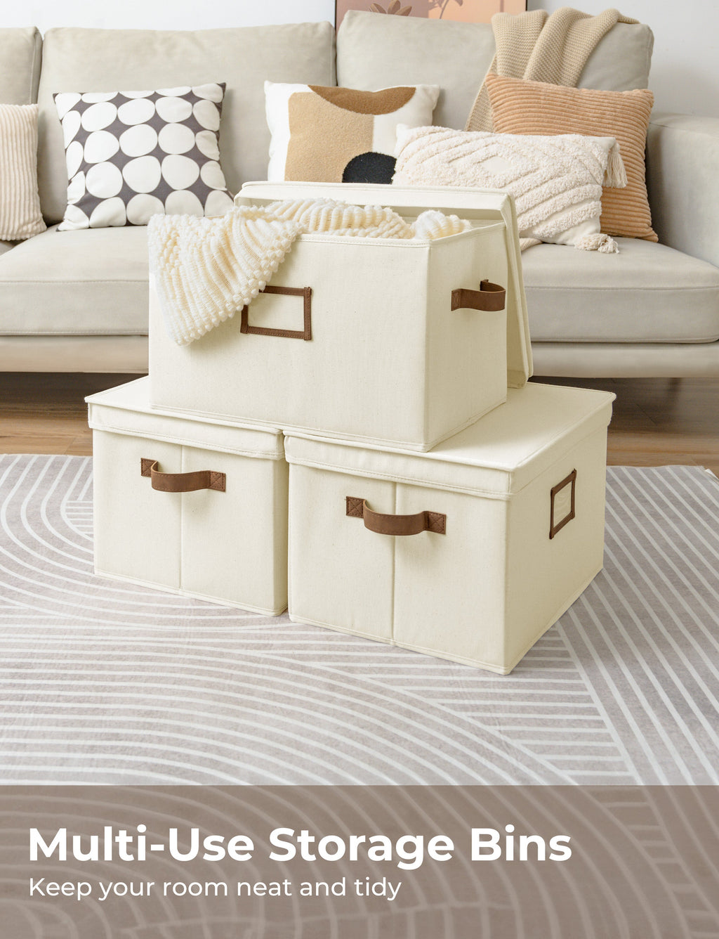 Lidded Large Storage Bins, Foldable Decorative Boxes, 3-Pack