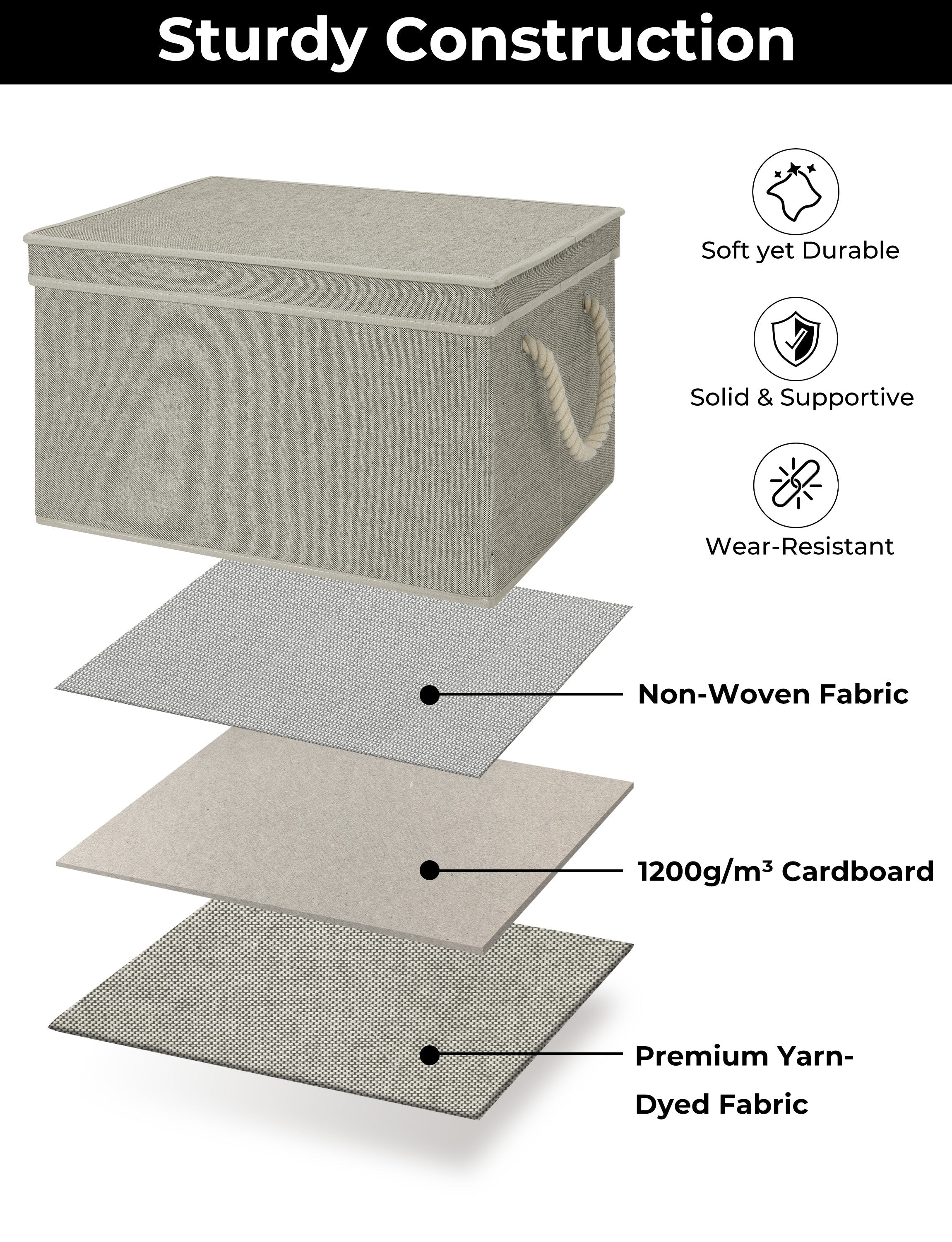 Lidded Large Storage Bins, Foldable Decorative Boxes, 3-Pack