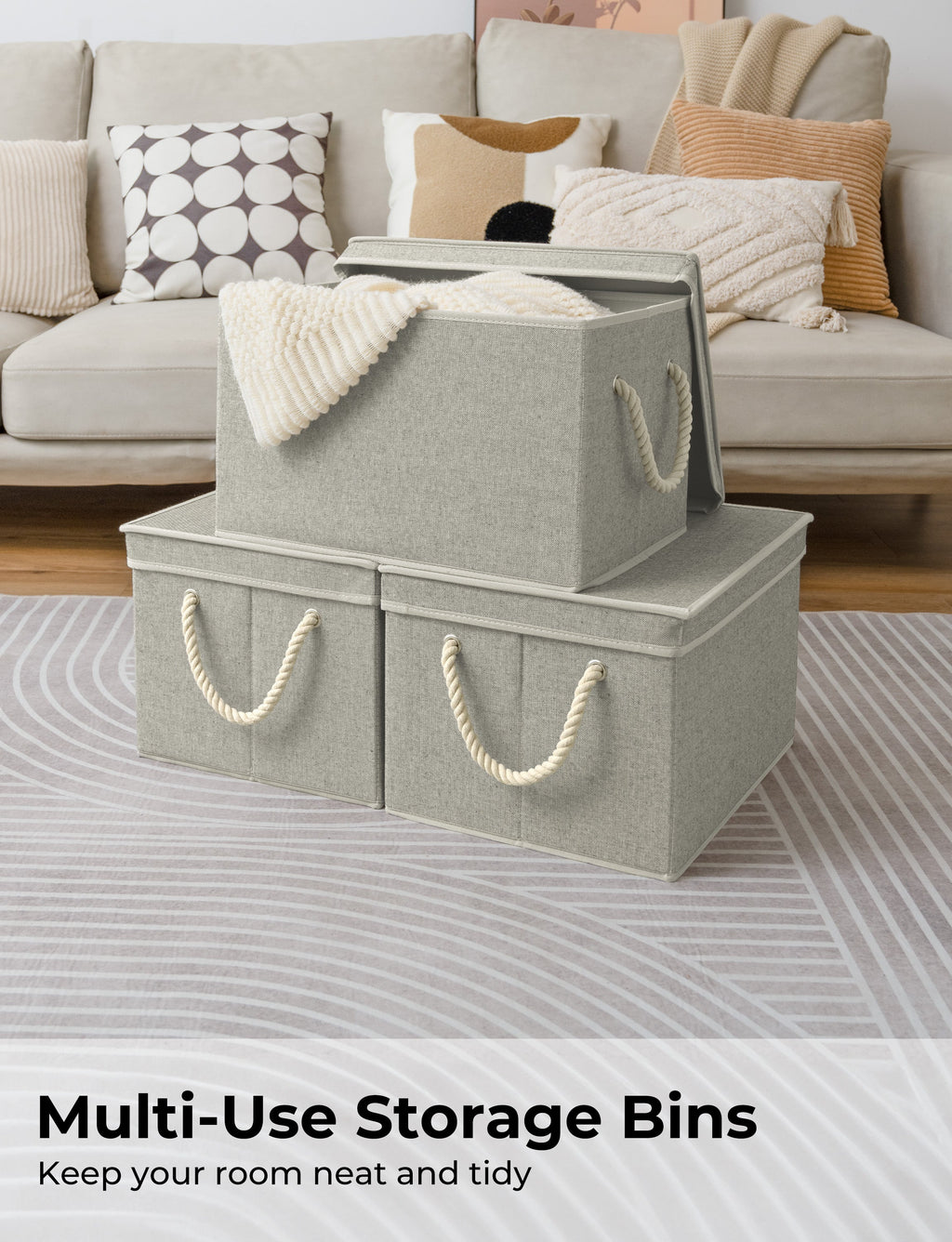 Lidded Large Storage Bins, Foldable Decorative Boxes, 3-Pack