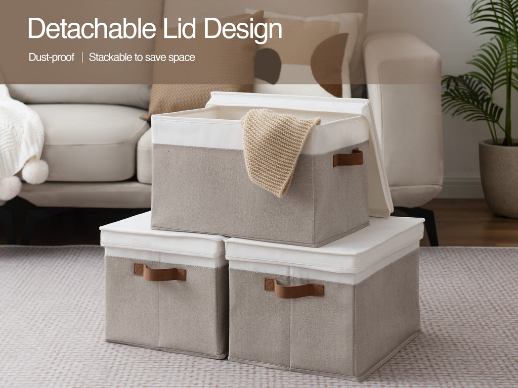 Lidded Large Storage Bins, Foldable Decorative Boxes, 3-Pack
