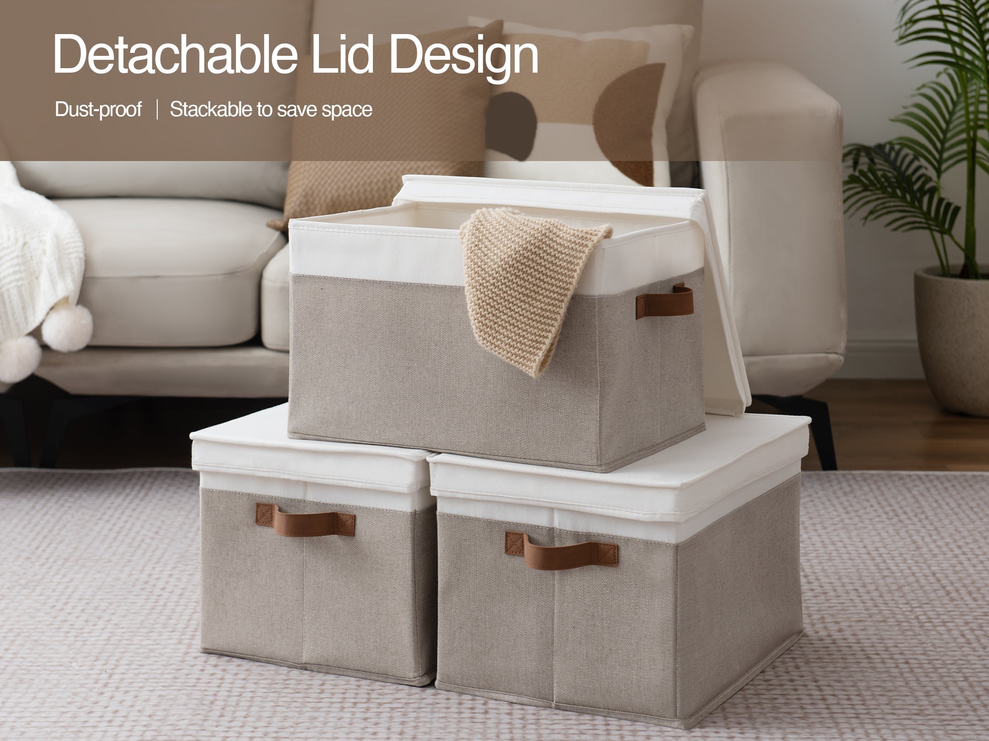 Lidded Large Storage Bins, Foldable Decorative Boxes, 3-Pack